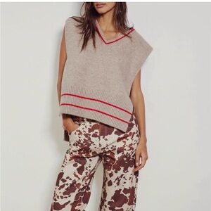 NWOT Free People, All Star Poncho Knit Sweater Vest in Tan/Red, One Size